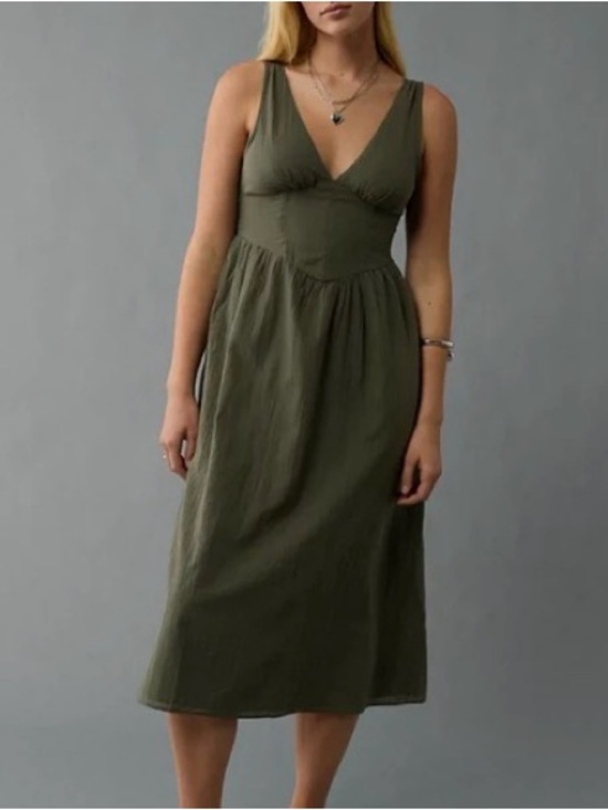 American Eagle Outfitters Dresses & Skirts - American Eagle V-Neck Corset Midi Dress Sundress Olive Green Pockets Medium